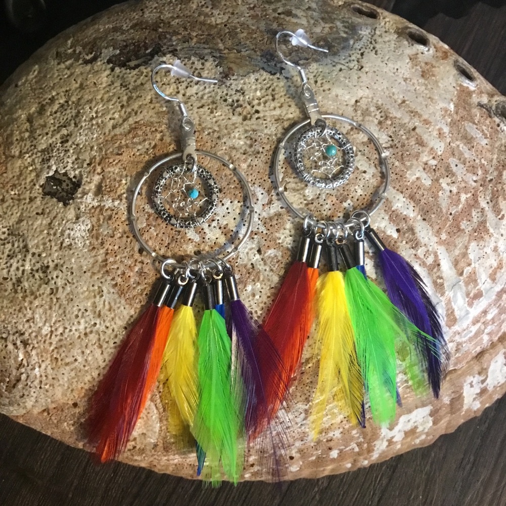 Handmade LGBTQ Pride Dreamcatcher Earrings with Turquoise Accents